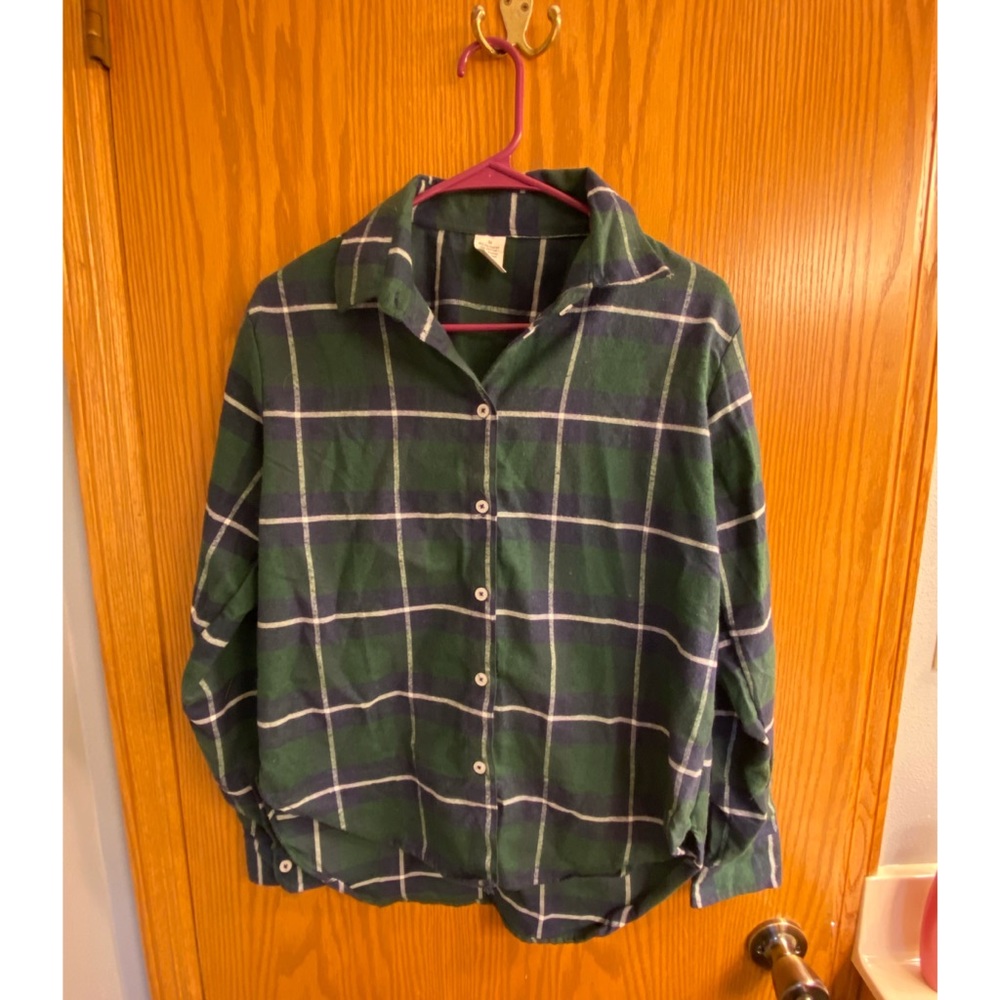 Green, Blue, and White Button Down Plaid Flannel
